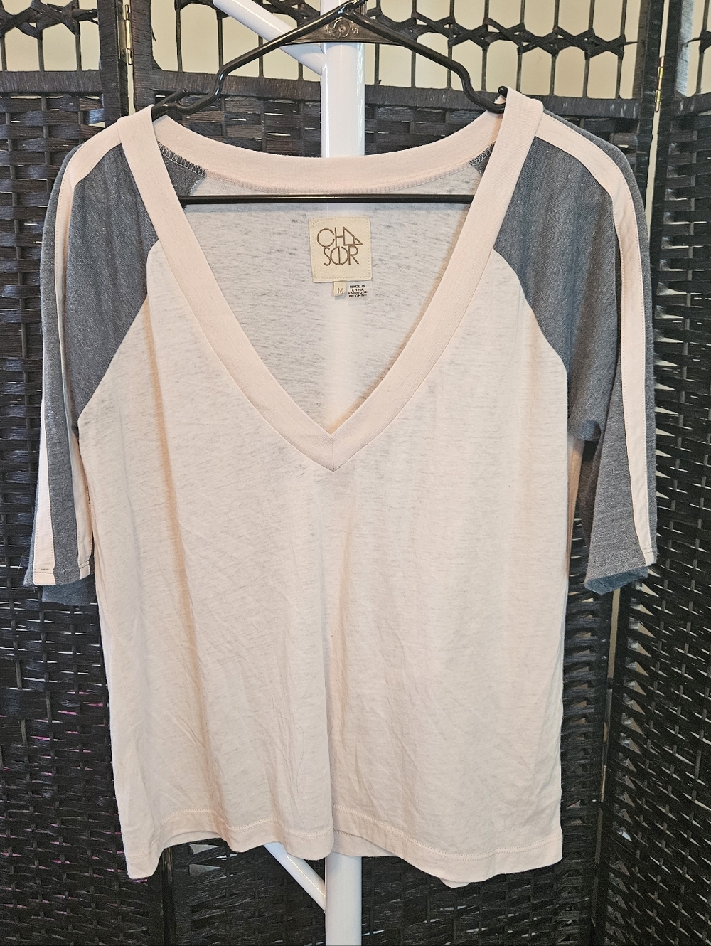 Chaser Short Sleeve V-Neck Raglan Tee in Blush and Charcoal